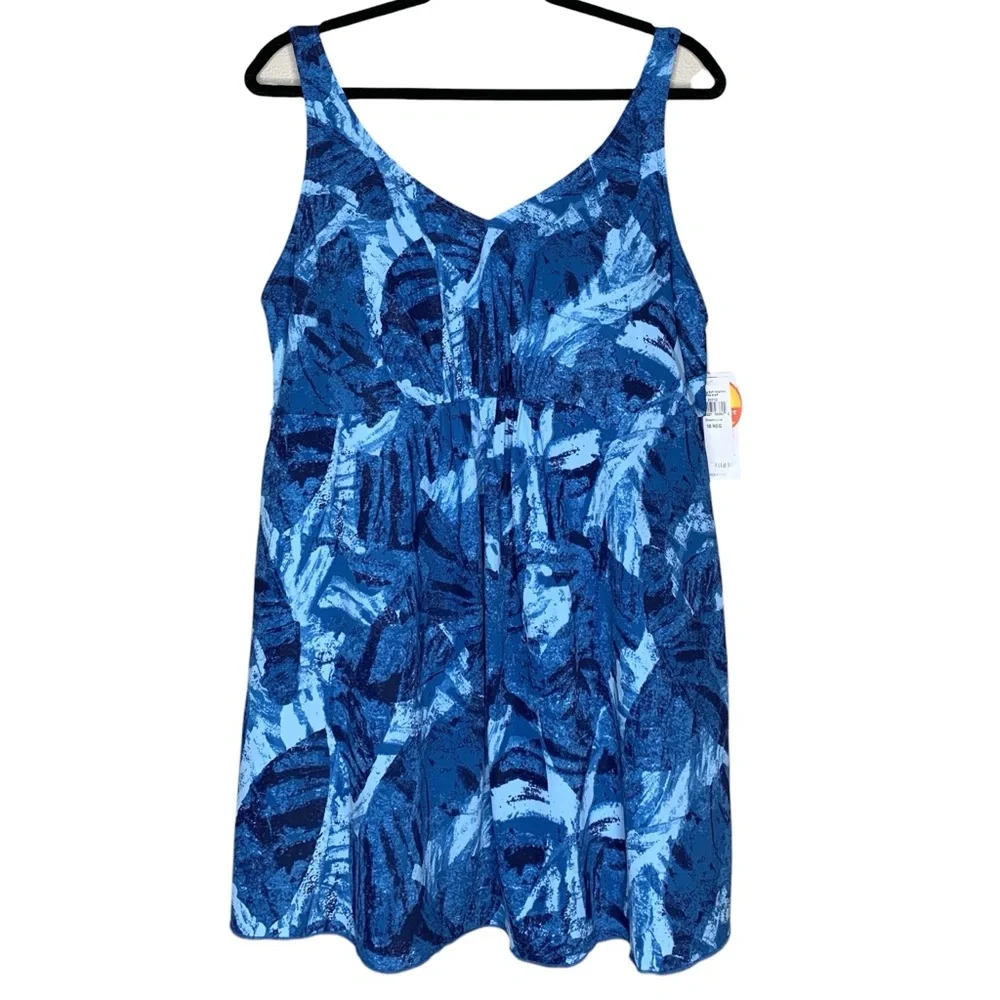 L.L.Bean Shaping Swimwear Tankini Top 18 Reg UPF 50+ Soft Drape Blue Multi NEW